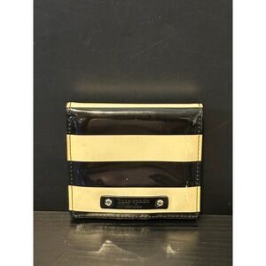 Kate Spade New York Striped Patent Leather Bifold Wallet Black Cream Logo Plaque